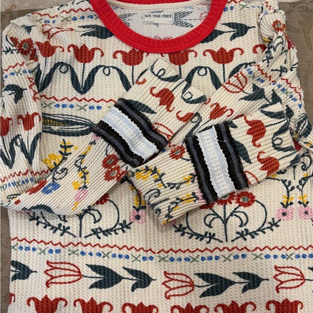 Floral Knit Sweater with Red Trim